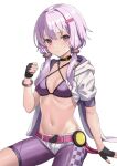  1girl akahara_tyun bra clenched_hand expressionless jacket looking_at_viewer navel open_clothes open_jacket purple_bra purple_eyes purple_hair purple_thighhighs shorts solo stomach thighhighs thighs underwear voiceroid white_background white_jacket white_shorts yuzuki_yukari 
