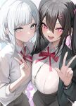  2girls black_hair blush bow bowtie collared_shirt grey_eyes grey_hair hair_ornament hairclip highres long_sleeves looking_at_viewer luse_maonang multiple_girls open_mouth original pink_eyes red_bow red_bowtie shirt smile white_shirt 