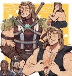  3boys absurdres animal_ears arm_belt ass baldur&#039;s_gate baldur&#039;s_gate_3 bara bear_ears beard blush braid brown_hair character_request chest_hair chibi chibi_inset closed_eyes collage dark-skinned_male dark_skin deformed dungeons_and_dragons eating elf english_text facial_hair graysheartart halsin highres honey jacket kemonomimi_mode large_pectorals male_focus mature_male medium_hair multiple_boys multiple_views muscular muscular_male mustache one_eye_closed open_clothes open_jacket own_hands_together palms_together pectoral_cleavage pectorals pointy_ears praying sparse_arm_hair sweat sword sword_behind_back tattoo thick_eyebrows undressing very_sweaty weapon yaoi 