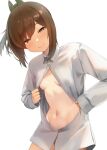  1girl blush breasts brown_eyes brown_hair buttons collared_shirt commentary_request i-401_(kancolle) kantai_collection long_sleeves navel ponytail sakieko shirt short_hair simple_background small_breasts smile solo upper_body white_background white_shirt 