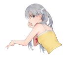  1girl absurdres bangs bare_arms bare_shoulders bow bow_camisole breasts camisole closed_mouth commentary cropped_torso curled_fingers expressionless from_side grey_eyes grey_hair grey_nails hair_between_eyes hair_tie hand_to_own_mouth head_rest highres long_hair looking_at_viewer looking_back looking_to_the_side monogatari_(series) nail_polish oikura_sodachi outstretched_arm piancaesar red_bow romaji_commentary simple_background sleeveless small_breasts solo twintails upper_body white_background yellow_camisole 