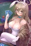  1girl absurdres akane_(blue_archive) akane_(bunny)_(blue_archive) animal_ears blue_archive breasts brown_eyes brown_hair card cleavage fake_animal_ears glasses gloves halo highres holding holding_card large_breasts leotard nomio official_alternate_costume plaid_shawl playboy_bunny playing_card poker_chip poker_table rabbit_ears shawl smile solo strapless strapless_leotard table 
