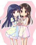  2girls bare_shoulders black_hair blue_dress blue_hair blunt_bangs blush bow brown_eyes dress drinking drinking_straw drinking_straw_in_mouth feet_out_of_frame hair_bow idolmaster idolmaster_cinderella_girls jewelry juice_box kawaseki long_hair looking_at_viewer multiple_girls necklace pink_dress red_eyes sajo_yukimi short_sleeves sleeveless sleeveless_dress smile tachibana_arisu two-tone_background 