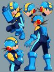  1boy arm_cannon artist_request ass ass_focus bishounen blue_headwear bodysuit brown_hair doodles gloves green_eyes helmet highres looking_at_viewer male_focus mega_man_(series) mega_man_battle_network_(series) megaman.exe open_mouth short_hair smile solo spiked_hair teeth weapon 