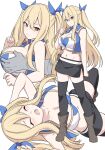  1girl bare_shoulders black_skirt black_thighhighs blonde_hair boots breasts brown_eyes cleavage closed_eyes disembodied_limb fairy_tail large_breasts long_hair looking_at_viewer lucy_heartfilia lying midriff miniskirt multiple_views navel on_back open_mouth shiseki_hirame skirt smile thighhighs 