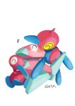  01coil ^_^ artist_name closed_eyes commentary_request eighth_note evolutionary_line full_body happy highres hug musical_note no_humans pokemon pokemon_(creature) porygon porygon-z porygon2 simple_background white_background 
