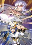  absurdres armor blue_eyes blue_hair book brother_and_sister cape dress fighting fighting_stance fire_emblem fire_emblem:_genealogy_of_the_holy_war highres julia_(fire_emblem) knight magic non-web_source pauldrons ponytail purple_hair red_eyes seliph_(fire_emblem) shoulder_armor siblings sword weapon witch 