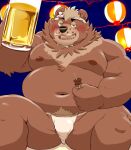  2023 alcohol anthro asian_clothing bear beer belly beverage big_belly black_nose blush brown_body bulge clothing drunk east_asian_clothing fundoshi goro_(live_a_hero) green_eyes japanese_clothing kemono lifewonders live_a_hero male mammal meg_hoi moobs navel night nipples outside overweight overweight_male sitting solo substance_intoxication underwear white_clothing white_fundoshi white_underwear 