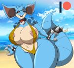  anthro areola areola_slip bikini breasts cleavage clothed clothing collar ear_piercing ear_ring female generation_1_pokemon mastergodai navel nidoqueen nintendo nipple_outline piercing pokemon pokemon_(species) ring_piercing sling_bikini solo swimwear thick_thighs 