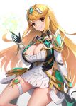  1girl absurdres armor bangs black_gloves blonde_hair breasts chest_jewel circlet cleavage_cutout clothing_cutout detached_sleeves dress earrings elbow_gloves gloves gonzarez hand_up highres index_finger_raised jewelry large_breasts long_hair looking_at_viewer mythra_(xenoblade) pleated_dress shoulder_armor smile solo sparkle thigh_strap thighs white_gloves xenoblade_chronicles_(series) xenoblade_chronicles_2 yellow_eyes 