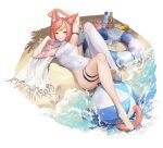  1girl animal_ear_fluff animal_ears animal_feet ball beachball blonde_hair bottle breasts can cat_ears cat_tail commentary flower heart heart-shaped_eyewear highres holding holding_removed_eyewear innertube lingxia looking_at_viewer lying on_back one-piece_swimsuit orange_eyes orange_hair original ramune scarf single_thighhigh small_breasts solo sunglasses swimsuit symbol-only_commentary tail thigh_strap thighhighs unworn_eyewear water white_background white_flower white_one-piece_swimsuit white_scarf 