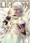  absurdres beard facial_hair fire_emblem fire_emblem_engage food highres holding holding_food lightning lindon_(fire_emblem) looking_at_viewer old old_man popcorn robe umi_(_oneinchswing) upper_body white_hair white_robe yellow_eyes 