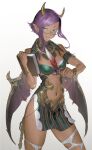 1girl arm_cuffs book bracelet breasts character_request cleavage_cutout clothing_cutout copyright_request cropped_legs dark_skin demon_wings dress ear_piercing glasses green_dress green_eyes green_nails highres holding holding_book holding_quill horns jewelry key looking_at_viewer medium_breasts medium_hair navel navel_cutout piercing pointy_ears purple_hair quill sidelocks soosaresu striped striped_dress striped_thighhighs thighhighs vertical-striped_dress vertical_stripes white_background wings 