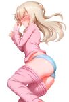  1girl ass blonde_hair blue_panties blush breasts closed_eyes clothes_pull fate/kaleid_liner_prisma_illya fate_(series) hair_between_eyes highres illyasviel_von_einzbern long_hair long_sleeves lying on_side open_mouth pajamas panties pants pants_pull pink_pants pink_shirt shirt sidelocks sleeping small_breasts solo thighs underwear zirba 