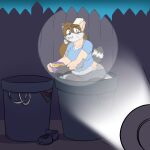  2023 anthro blue_clothing blue_shirt blue_topwear breasts clothing digital_media_(artwork) eating female flashlight footwear human human_to_anthro looking_at_viewer mammal outside procyonid raccoon robertge shirt shoes solo species_transformation topwear transformation trash trash_can 