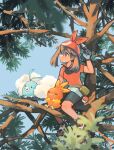  &gt;_&lt; 1girl absurdres bandana bird branch highres in_tree kleshuu may_(pokemon) poke_ball pokemon pokemon_(game) pokemon_rse sitting sitting_in_tree swablu torchic tree waist_poke_ball 