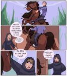  ambiguous_gender blonde_hair brown_body brown_fur clothed clothing colored comic dialogue english_text equid equine feral fur hair hi_res horse human male mammal riding saddle speech_bubble text zoba_(artist) 