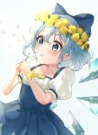  1girl adapted_costume blue_bow blue_dress blue_eyes blue_hair blush bow cirno collarbone dandelion detached_wings dress fairy flower flower_wreath hair_between_eyes hair_bow head_wreath highres holding holding_flower ice ice_wings parted_lips shirt short_hair short_sleeves solo touhou upper_body wheat_retzel white_background white_shirt wings yellow_flower 