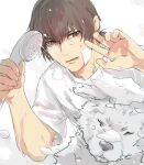  1boy animal aragaki_shinjirou brown_eyes brown_hair closed_eyes dog hair_between_eyes holding isa_(peien516) koromaru_(persona) male_focus open_mouth persona persona_3 shirt short_sleeves shower_head simple_background soap_bubbles upper_body washing wet white_background white_shirt 