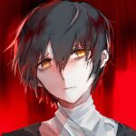  1boy black_background black_hair black_jacket charles_eyler closed_mouth emily_chang_18294 hello_charlotte jacket looking_at_viewer male_focus multicolored_background profile red_background shirt short_hair solo turtleneck white_shirt yellow_eyes 