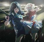  2girls abstract_background artist_name black_hair blonde_hair blue_ribbon brown_bag buttons commentary_request congming_lan dark_background double-breasted dress firing fleeing foot_out_of_frame grey_dress gun hair_ribbon handgun highres holding holding_gun holding_strap holding_weapon inoue_takina kneehighs leg_up long_hair looking_to_the_side lower_teeth_only lycoris_recoil lycoris_uniform magazine_(weapon) magazine_ejection motion_blur multicolored_background multiple_girls muzzle_flash neck_ribbon nishikigi_chisato open_mouth pleated_dress red_ribbon ribbon short_hair short_sleeves smith_&amp;_wesson socks suppressor tearing_up teeth two-tone_dress weapon 