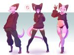  2023 absurd_res anthro clothed clothing female gesture hi_res hoodie horn jarnqk kobold leg_warmers legwear looking_at_viewer lya_(jarnqk) midriff navel panties pink_body pink_eyes scalie simple_background solo standing topwear underwear v_sign 