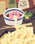  alcohol blue_eyes blush_stickers bottle chives chopsticks eating food food_focus highres in_bowl in_container kirby kirby_(series) miclot no_humans noodles plate sake tokkuri udon 