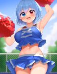  1girl :d armpits blue_eyes blue_hair blue_panties blue_shirt blue_skirt blurry blurry_background breasts cheerleader cloud commentary_request cowboy_shot crop_top daichi_(tokoya) fence groin heterochromia highres holding holding_pom_poms looking_at_viewer navel open_mouth outdoors panties pom_pom_(cheerleading) red_eyes shirt short_hair skirt smile solo striped striped_panties tatara_kogasa touhou underwear white_panties 