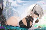  1girl 2b_(nier:automata) ass ass_focus black_blindfold black_footwear black_gloves blindfold breasts candy cleavage cloud commentary english_commentary food gloves high_heels highres leg_up lollipop neorarty nier:automata nier_(series) on_grass scenery solo tasting thick_thighs thighs tongue tongue_out white_hair 