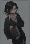  1boy alternate_costume bags_under_eyes bespectacled black_eyes black_hair book feet_out_of_frame feitan_portor glasses highres holding holding_book hunter_x_hunter looking_over_eyewear male_focus nazo_meat parted_bangs round_eyewear short_hair solo 