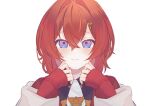  1girl ange_katrina ange_katrina_(1st_costume) blue_eyes cardigan fbteqtkllo182ns hair_intakes highres looking_at_viewer nijisanji red_cardigan red_hair short_hair simple_background sleeves_past_wrists smile solo virtual_youtuber white_background 