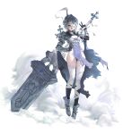  1girl 723_chfhrqur :d absurdres armored_boots bandages blue_eyes boots breasts cape cross fang full_body gauntlets hair_over_one_eye hand_on_own_hip highres huge_weapon looking_at_viewer original pelvic_curtain short_hair skin_fang small_breasts smile smoke solo tombstone torn_cape torn_clothes weapon white_background 