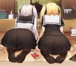  2girls absurdres ahoge all_fours ass black_ribbon black_shirt black_skirt blonde_hair blurry blurry_background candy candy_wrapper cellphone feet food from_behind hair_ribbon heart heart_ahoge highres indoors long_hair long_sleeves multiple_girls niliu_chahui no_shoes original phone pleated_skirt pocky revision ribbon school_uniform serafuku shirt short_sleeves siblings sisters skirt smartphone soles toes tokisaki_asaba tokisaki_mio white_hair white_shirt 