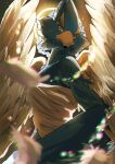  anthro avian backlighting beak blue_body blue_feathers breath_of_the_wild chikichikitaron clothing eyebrows feathered_wings feathers green_eyes halo hi_res light lighting looking_at_viewer male nintendo revali rito robe solo the_legend_of_zelda thick_eyebrows wings 