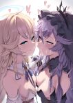  2girls absurdres after_fellatio ahegao angelica_(epic_seven) bare_shoulders black_dress black_gloves black_headwear blonde_hair blue_eyes braid breasts cum cum_in_mouth cum_on_tongue cumdrip detached_collar dress epic_seven facial gloves halo highres karadborg long_hair looking_at_viewer medium_breasts melissa_(epic_seven) multiple_girls purple_hair red_eyes rubbing_hands_together simple_background tongue tongue_out white_dress white_gloves yuri 