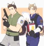  animal_ears black_hair blue_eyes blue_pants blue_shirt blush book brown_hair bulletproof_vest chris_redfield dbox_2525 dog_boy dog_ears dog_tail grey_pants gun highres holding holding_book holding_gun holding_weapon leon_s._kennedy looking_at_another pants police police_uniform policeman resident_evil resident_evil_1 resident_evil_2 shirt short_hair tail uniform weapon white_shirt 