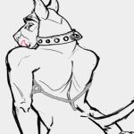  2023 anthro black_eyebrows butt canid canine canis chain collar digital_media_(artwork) domestic_dog eyebrows male mammal monochrome rear_view rukann simple_background sketch solo tail teeth three-quarter_view unfinished white_background 