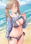  1girl absurdres beach bikini black_bikini blue_archive blue_sky blush breasts brown_hair cleavage clothes_lift cloud commentary_request day glasses grey_sweater grin halo highres horizon long_sleeves looking_at_viewer medium_breasts moe_(blue_archive) moe_(swimsuit)_(blue_archive) navel ocean outdoors oxxo_(dlengur) round_eyewear sky smile solo standing sweater sweater_lift swimsuit underboob yellow_eyes 