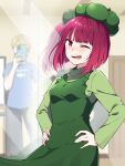  1boy 1girl arima_kana blue_shirt blunt_bangs blurry blurry_background blush bob_cut character_name commentary_request dress frilled_dress frills full-length_mirror green_dress green_headwear green_sweater grey_pants hands_on_own_hips highres hoshino_aquamarine hyoe_(hachiechi) inverted_bob long_sleeves looking_at_viewer medium_hair mirror one_eye_closed open_mouth oshi_no_ko pants pinafore_dress red_hair reflection shirt short_sleeves sleeveless sleeveless_dress sweatdrop sweater taking_picture teeth turtleneck turtleneck_sweater 