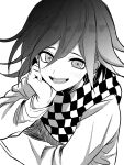  1boy blush checkered_clothes checkered_scarf danganronpa_(series) danganronpa_v3:_killing_harmony flipped_hair greyscale hair_between_eyes hand_on_own_cheek hand_on_own_face highres jacket long_sleeves male_focus monochrome oma_kokichi scarf smile solo teeth upper_body urami0310 