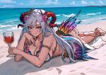  1girl alcohol anklet armlet beach cup english_commentary feathers fire_emblem flower flower_necklace freyja_(fire_emblem) holding holding_cup horns jewelry long_hair looking_at_viewer ocean official_alternate_costume red_eyes swimsuit white_hair wine zeon_(zzeeonn) 