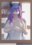  anthro big_breasts blush breasts female female_anthro hair hi_res horn lanya_(shian) long_hair nude purple_hair shian smile solo towel 