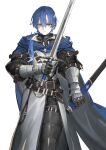  1boy armor belt blue_hair breastplate buckle cape commentary cuisses feet_out_of_frame gauntlets hair_over_shoulder highres holding holding_sheath holding_sword holding_weapon jun_(seojh1029) knight long_hair looking_at_viewer making-of_available original ponytail sheath solo sword weapon white_background 