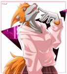  anthro canid canine casiyf clothed clothing crossdressing digital_media_(artwork) fox fur grey_body grey_fur happy hi_res humanoid_hands inner_ear_fluff looking_at_viewer male mammal multicolored_body multicolored_fur nonbinary_(lore) open_mouth open_smile orange_body orange_fur orange_tail pink_clothing portrait pose pseudofox signature smile solo tail teeth trans_(lore) trans_woman_(lore) tuft 