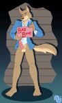  anthro balls barefoot blue_clothing blue_coat blue_dress_shirt blue_shirt blue_topwear bottomless brown_body brown_fur brown_nose clothed clothing coat dreamworks dress_shirt english_text erection feet fur genitals holding_object holding_sign male mr._wolf_(the_bad_guys) nenana-uso open_mouth pantsless partially_clothed penis shirt sign smile solo teeth_showing text the_bad_guys topwear yellow_sclera 