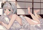  1girl :d ass barefoot black_bow black_hairband blush bow collarbone commentary_request completely_nude crossed_arms eyelashes feet feet_up fuji_norihiro full_body green_eyes grey_hair hair_bow hairband happy hugging_object indoors konpaku_youmu legs looking_at_viewer lying medium_hair nude on_bed on_stomach open_mouth pillow pillow_hug smile soles solo the_pose toes touhou 