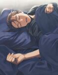  1boy absurdres ace_attorney apollo_justice bed_sheet black_shirt brown_hair closed_eyes drooling fingernails forked_eyebrows hair_between_eyes hand_up highres iro_saki long_sleeves lying male_focus messy_hair mouth_drool on_back pillow shirt short_hair sleeping solo under_covers upper_body 