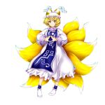  1girl blonde_hair closed_mouth dress fox_tail full_body game_cg hat highres kitsune kyuubi long_sleeves looking_at_viewer mob_cap multiple_tails perfect_cherry_blossom rotte_(1109) short_hair simple_background smile socks solo tabard tail third-party_source touhou touhou_lost_word white_background white_dress white_headwear white_socks yakumo_ran yellow_eyes 