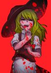  1girl =_= apron black_headwear black_skirt black_vest blonde_hair blood blood_on_clothes blood_on_face blood_on_hands bow braid closed_eyes commentary_request cookie_(touhou) cowboy_shot flat_chest frilled_apron frills hair_bow hat holding holding_knife kirisame_marisa knife licking licking_blade licking_weapon long_bangs long_hair open_mouth puffy_short_sleeves puffy_sleeves red_background red_bow shirt short_sleeves side_braid simple_background single_braid skirt skirt_set smile solo star_(symbol) suzu_(cookie) touhou turtleneck uwanoagoto vest waist_apron weapon white_apron white_shirt witch_hat 