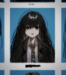  1girl absurdres black_eyes black_hair blazer collared_shirt highres jacket long_hair looking_at_viewer mole mole_under_eye necktie original pikuson portrait school_uniform shirt solo striped_necktie upper_body white_shirt yearbook 